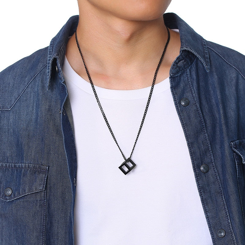 Vnox Retro Hollow Cube Pendant for Men Stainless Steel Square Vintage Necklace Punk Geometric Collier 24" Chain