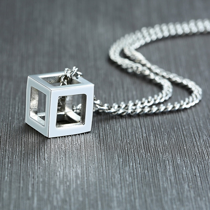 Vnox Retro Hollow Cube Pendant for Men Stainless Steel Square Vintage Necklace Punk Geometric Collier 24" Chain