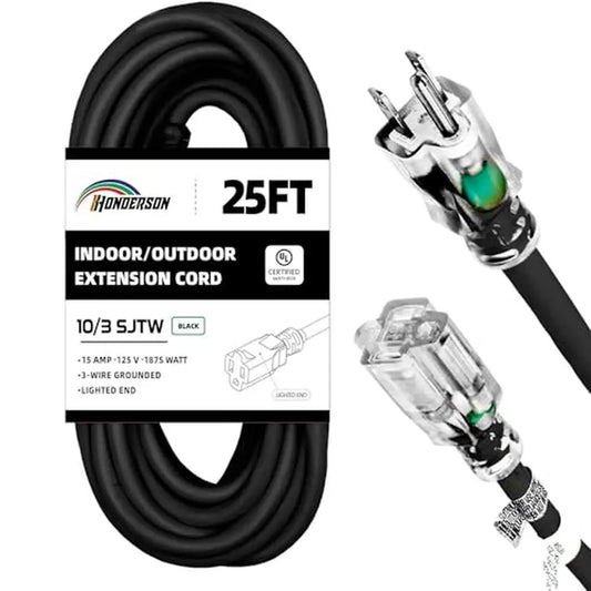 Indoor Outdoor Weatherproof Lighted End Extension Cord UL Listed 25FT 10 Gauge Heavy Duty Prong Power Tool 10/3 Black 125V 15A
