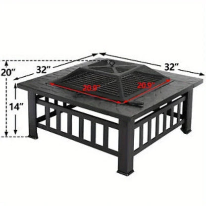 32" Metal Firepit Patio Backyard Garden Square Stove Cover Fire Pit Heat Brazier