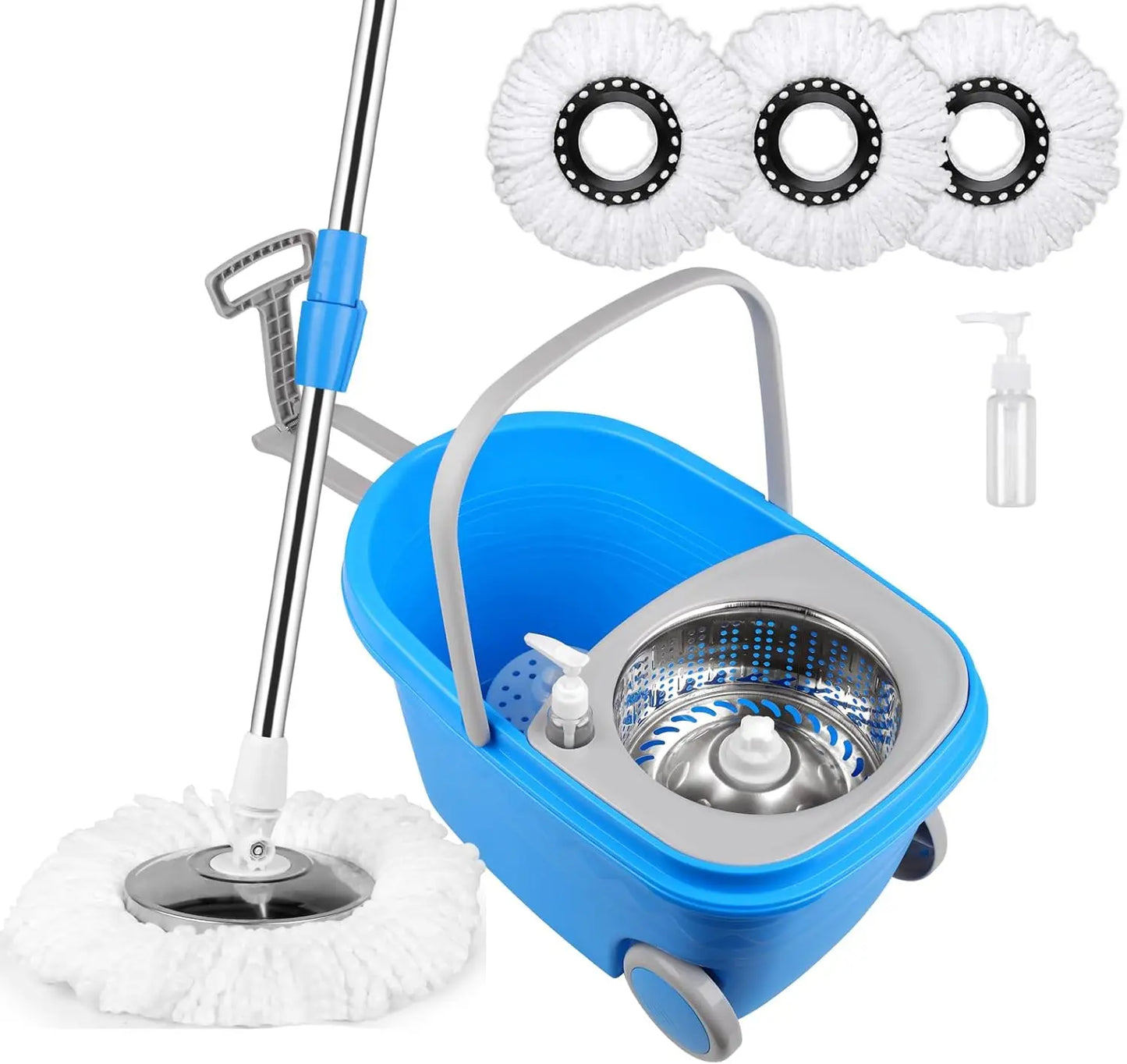 Spin Mop Bucket Sets with 360° Spinning 2 Mop System Tank in 3 Microfiber Replacement Heads, 61" Extended Handle Floor Cleaning