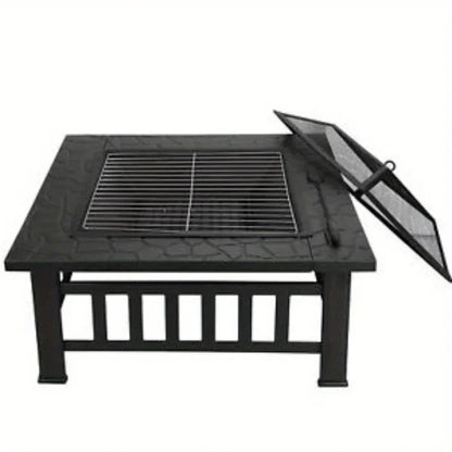 32" Metal Firepit Patio Backyard Garden Square Stove Cover Fire Pit Heat Brazier