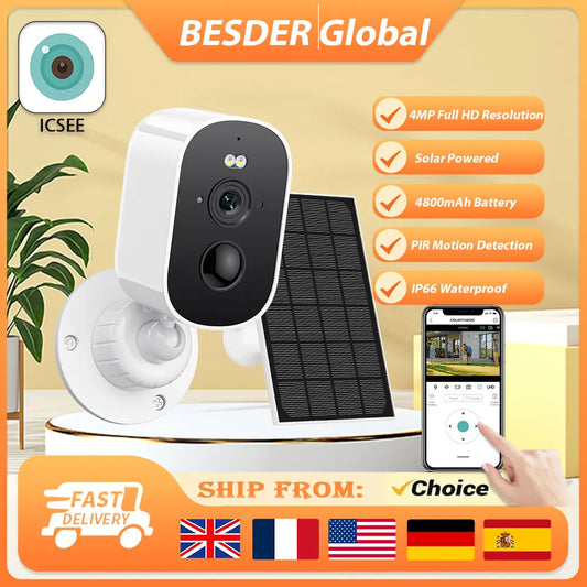 BESDER 4MP 2K WiFi Camera Solar Battery Powered Wireless Outdoor Security HD PIR Human Detection iCSee CCTV Video Surveillance