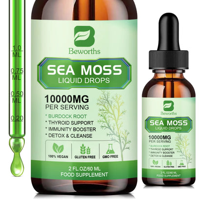 BEWORTHS Organic Seamoss Drops with Burdock Root and Spirulina Support Immunity and Gut Health, Help Digestion Weight Management