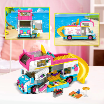 HOGOKIDS 3-in-1 Girls Camper Van Building Set - 494PCS Summer Beach Camping Building Blocks Sets | Food Truck Building Toys with