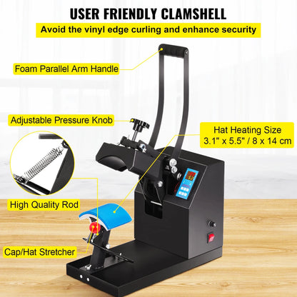 Hat Heat Press Machine 110V Heat Sublimation Press Heat Transfer Hat Press with Digital Timer, Temperature Control