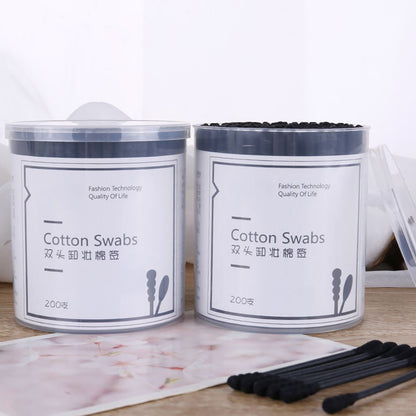 200pcs Disposable Cotton Swab Spiral Ear Cleaner Black Double Heads Medical Swab Lipstick Eyebrow Eyelash Cotton Bud Makeup Tool