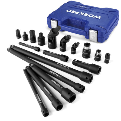 WORKPRO 18Pieces Drive Tool Accessory Set Includes Socket Adapters Socket Extension Bar Swivel Universal Joints Impact Coupler