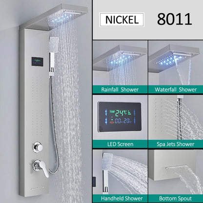 LED Shower Panel Tower System Rain Waterfall Shower Column Hydroelectricity LCD Display With Massage Body Spa Bath Shower Faucet