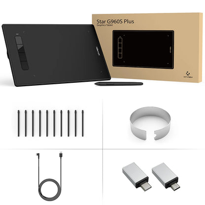XPPen Star G960S Plus Graphics Drawing Tablet 9*6 inch Battery-Free 8192 Levels With Eraser Pen 4 Express Keys for Windows mac