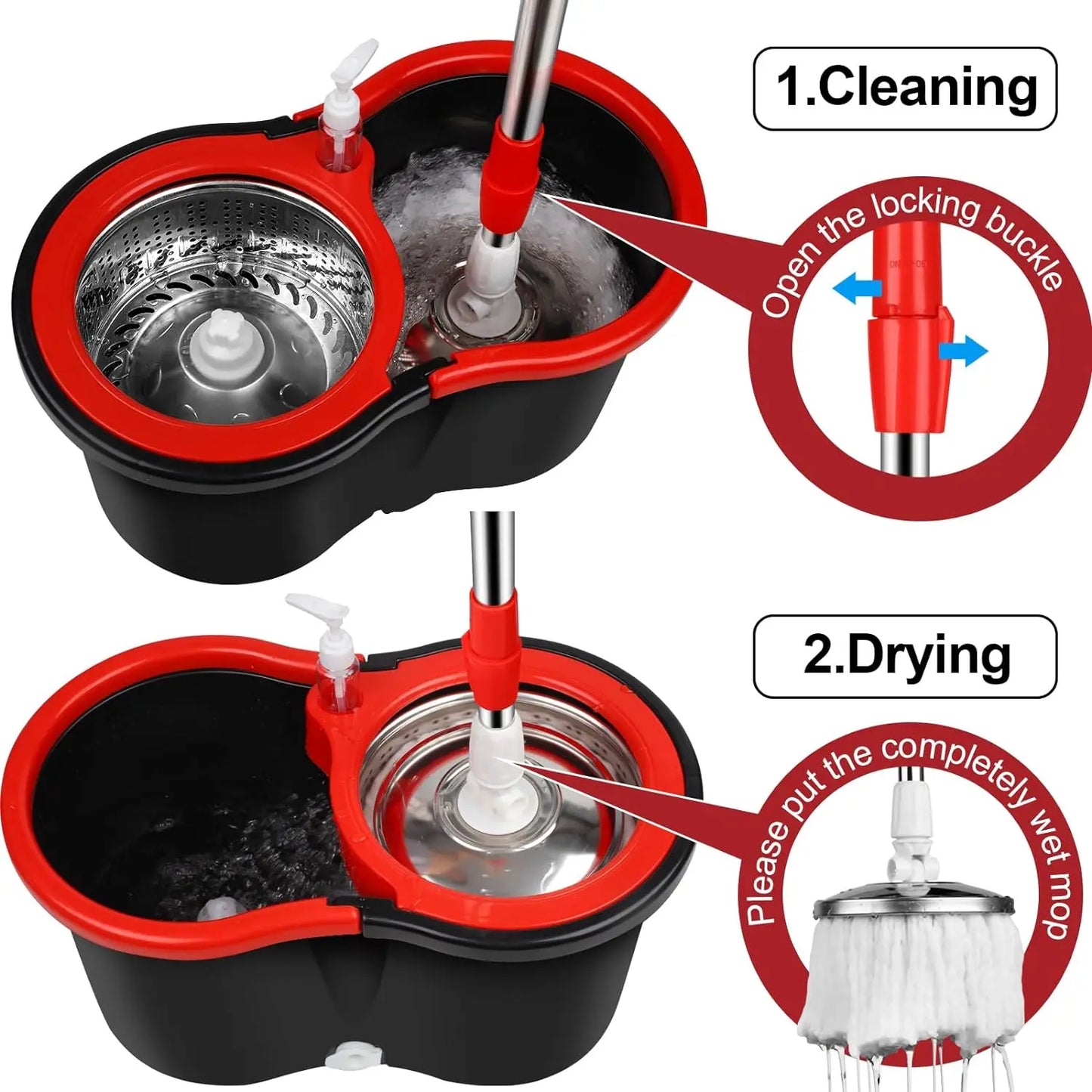 Spin Mop Bucket Sets with 360° Spinning 2 Mop System Tank in 3 Microfiber Replacement Heads, 61" Extended Handle Floor Cleaning
