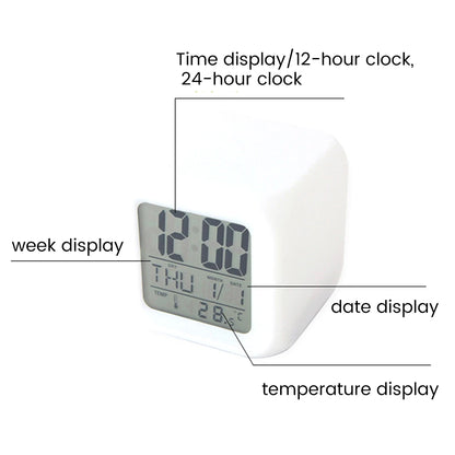 LED Digital Alarm Clock Mini Desk Cube Clock with Colorful Lights and Multiple Modes Multifunctional Glow Desk Clock Battery