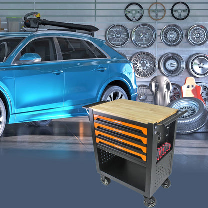 4 DRAWERS MULTIFUNCTIONAL TOOL CART WITH WHEELS AND WOODEN TOP