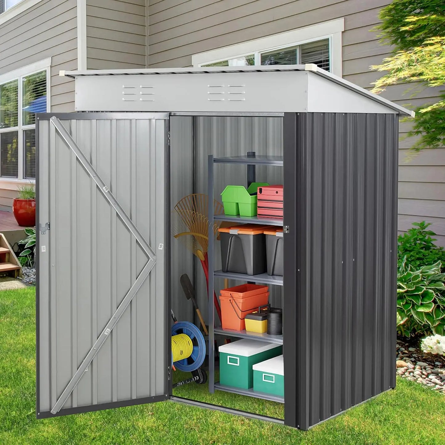 Outdoor Storage Shed, 6 x 4 FT Lockable Metal Garden Shed, Steel Storage House Waterproof Tool Shed for Backyard Patio