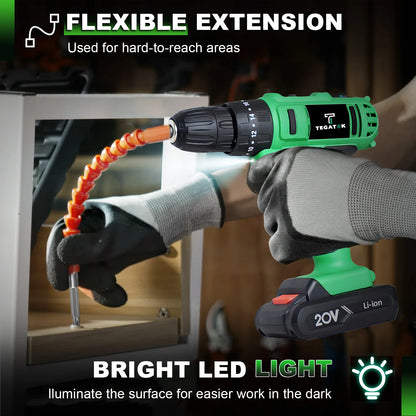 Tegatok 20V Cordless Power Drill,Position Drill with 18+1 ,  2AH Li-ion Battery&Fast Charger.