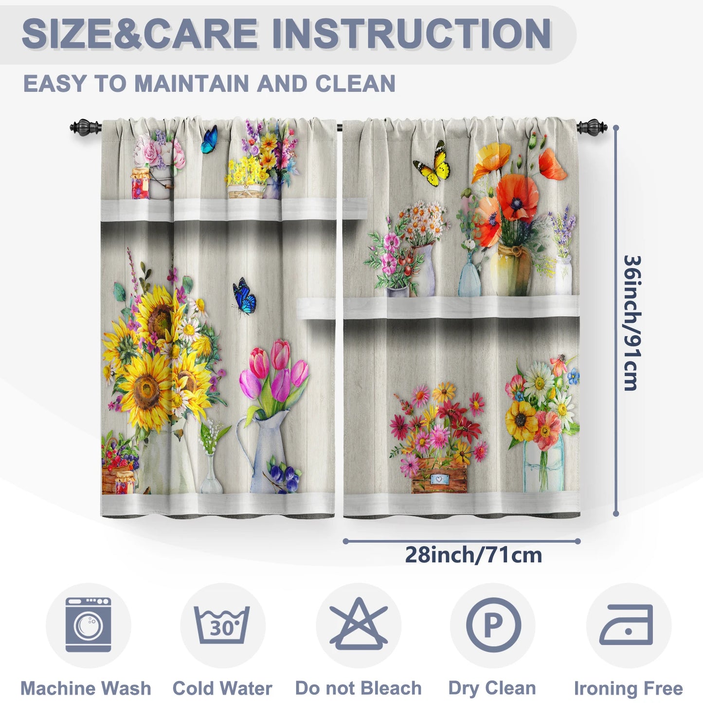 2 Panel Butterfly Flower Kitchen Curtains,SunFlower Curtains Short Cafe Curtain for Living Room Abstract Aesthetic Art Decor