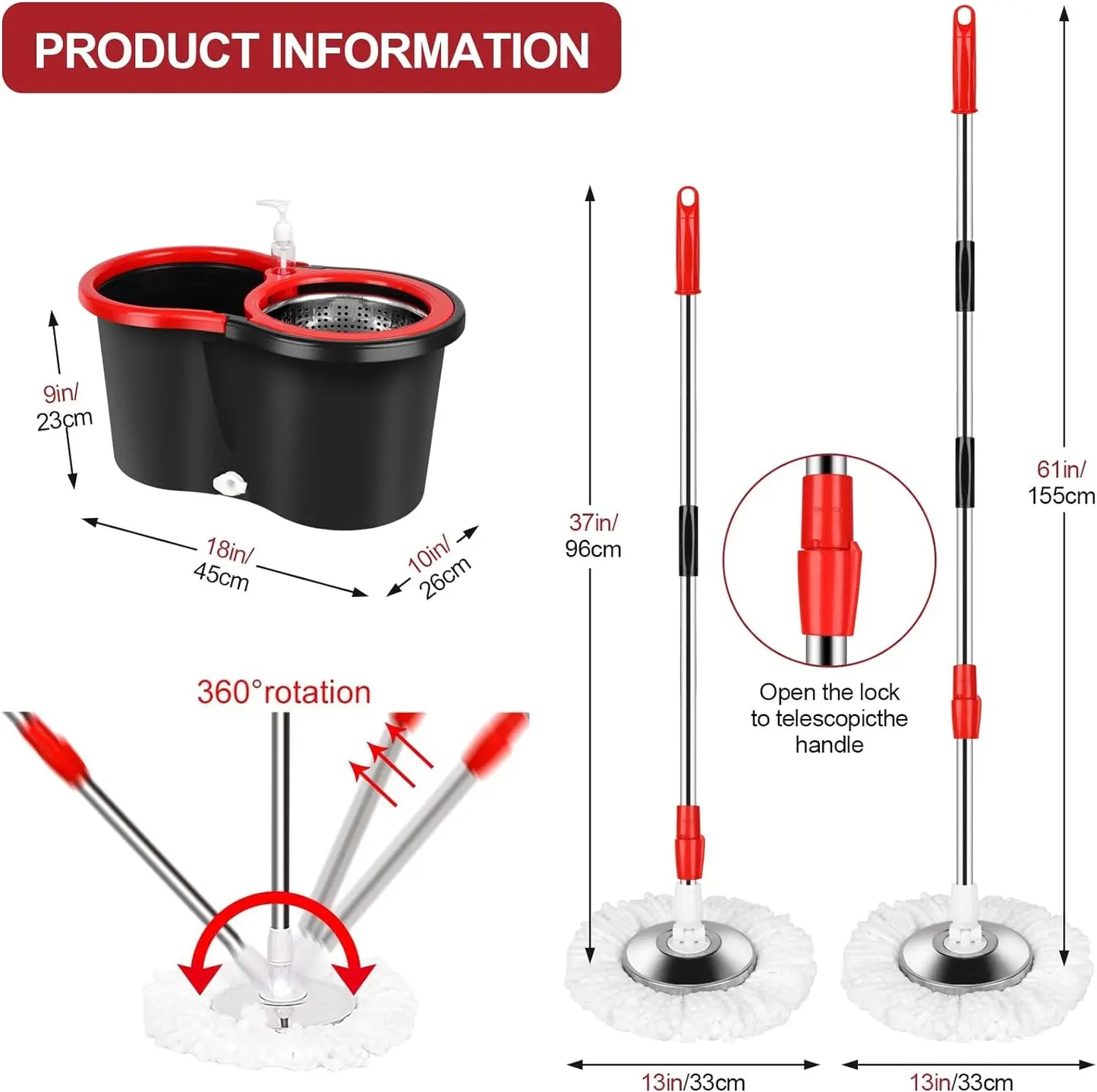 Spin Mop Bucket Sets with 360° Spinning 2 Mop System Tank in 3 Microfiber Replacement Heads, 61" Extended Handle Floor Cleaning