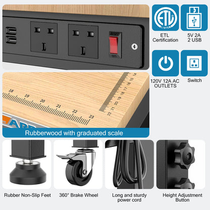 48" Heavy-Duty Adjustable Workbench with Brake Wheels,Rubber Wood Workbench has Adjustable 5 Different Heights