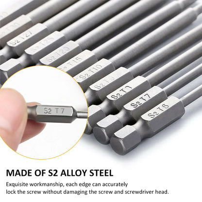 11Pcs Torx Screwdriver Bit Set 1/4 Inch Hex Shank Tough Torx Star Hex Security Bit Set Professional Magnetic Star S2 Steel