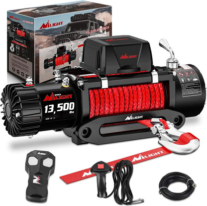 Nilight 12V Electric Winch 13000Lbs Atv Trailer Winches With Synthetic Rope Fairlead Wired Handle & Infrared Remote Waterproof