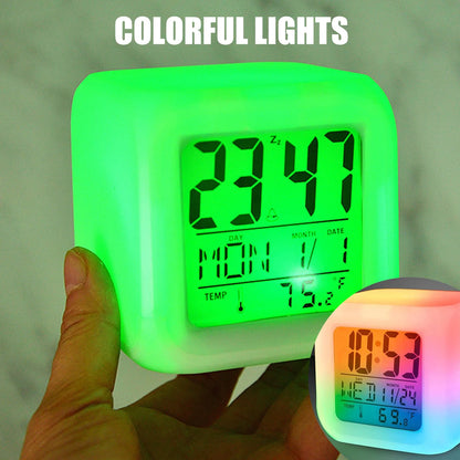 LED Digital Alarm Clock Mini Desk Cube Clock with Colorful Lights and Multiple Modes Multifunctional Glow Desk Clock Battery