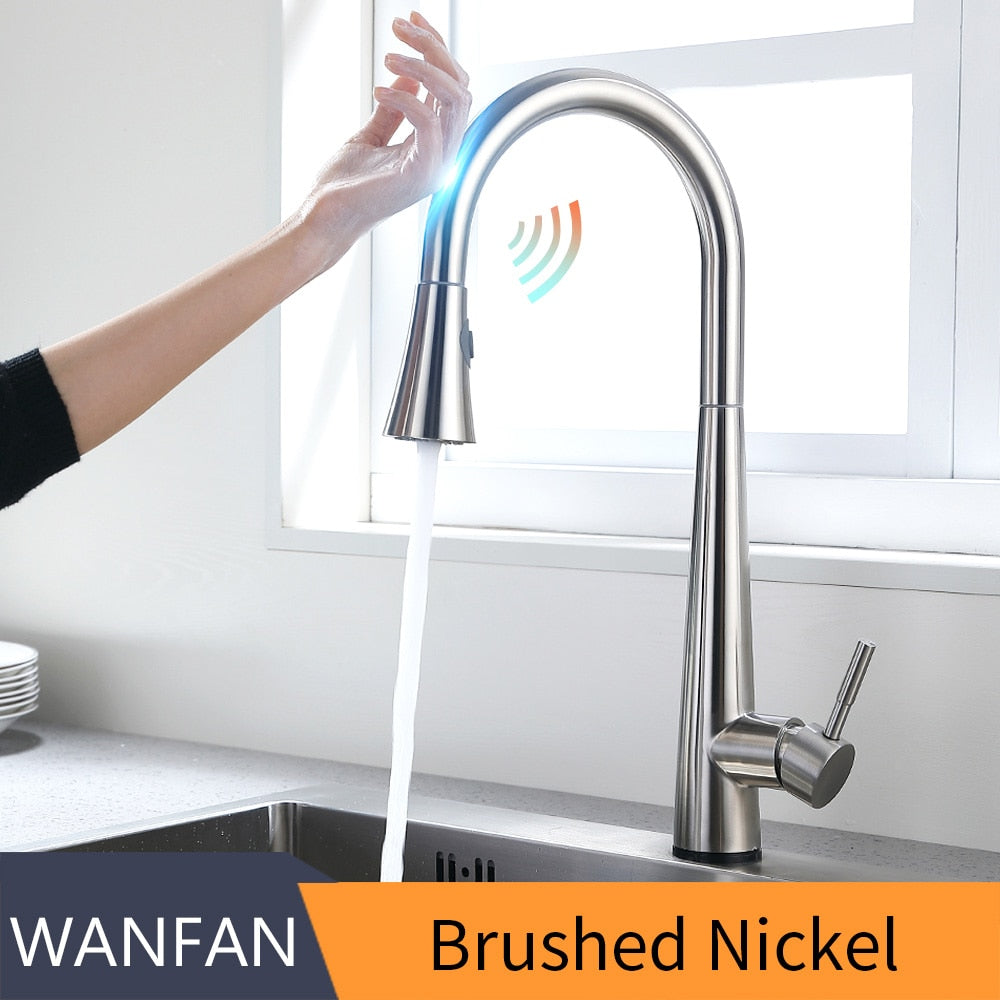 Pull Out Brush Nickel Sensor Kitchen Faucets Stainless Steel Smart Induction Mixed Tap Touch Control Sink Tap Torneira De KH1002