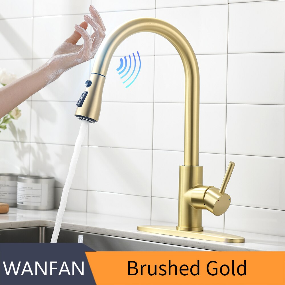 Pull Out Brush Nickel Sensor Kitchen Faucets Stainless Steel Smart Induction Mixed Tap Touch Control Sink Tap Torneira De KH1002