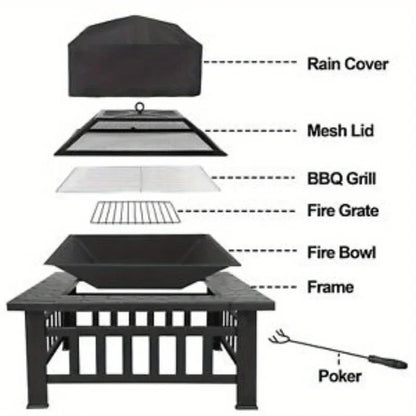 32" Metal Firepit Patio Backyard Garden Square Stove Cover Fire Pit Heat Brazier