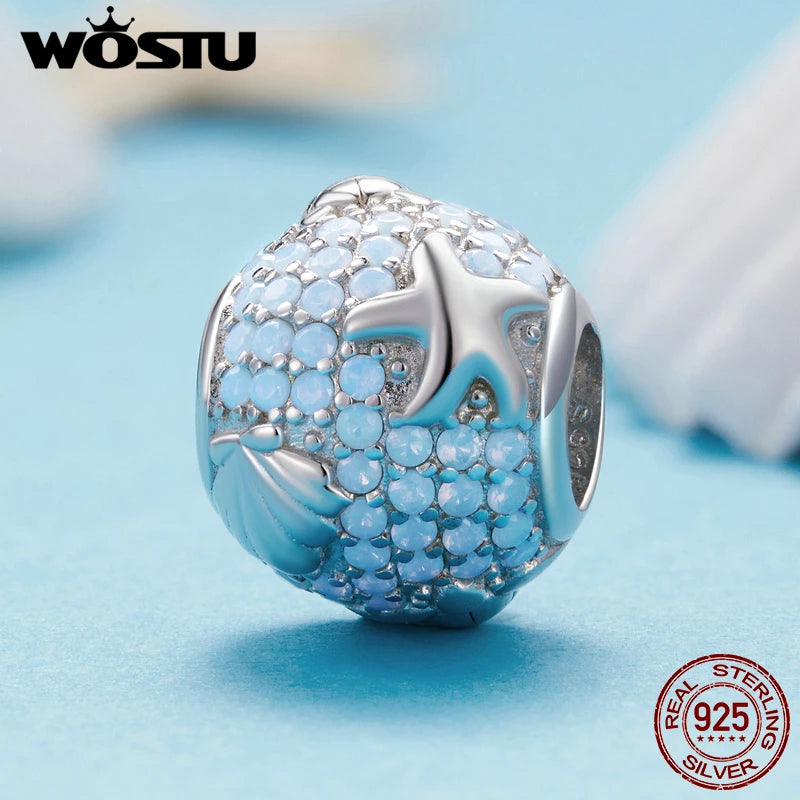 WOSTU 925 Sterling Silver Ocean World Turtle Beads Shell Safety Chain Heart Rainbow Crystal Charms Fit DIY Bracelet Necklace