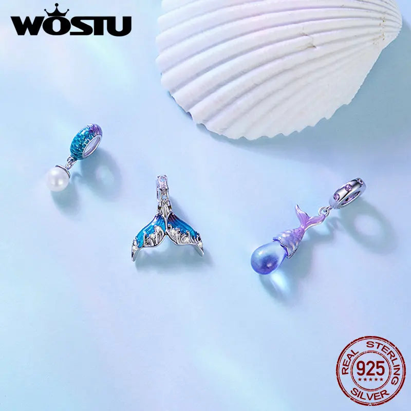WOSTU 925 Sterling Silver Ocean World Turtle Beads Shell Safety Chain Heart Rainbow Crystal Charms Fit DIY Bracelet Necklace