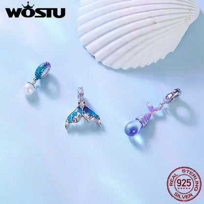 WOSTU 925 Sterling Silver Ocean World Turtle Beads Shell Safety Chain Heart Rainbow Crystal Charms Fit DIY Bracelet Necklace