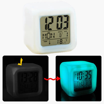 LED Digital Alarm Clock Mini Desk Cube Clock with Colorful Lights and Multiple Modes Multifunctional Glow Desk Clock Battery