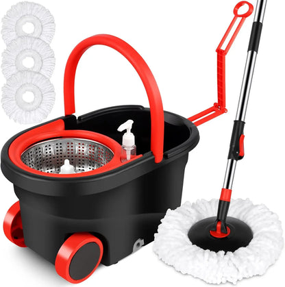 Spin Mop Bucket Sets with 360° Spinning 2 Mop System Tank in 3 Microfiber Replacement Heads, 61" Extended Handle Floor Cleaning