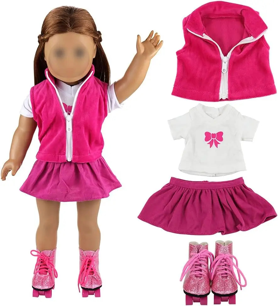 Barwa 2 Sets Doll Clothes and 2 Pairs Ice Skates Boots Shoes Fashion Autumn Clothing Dress Sets Compatible for 18 Inch Doll
