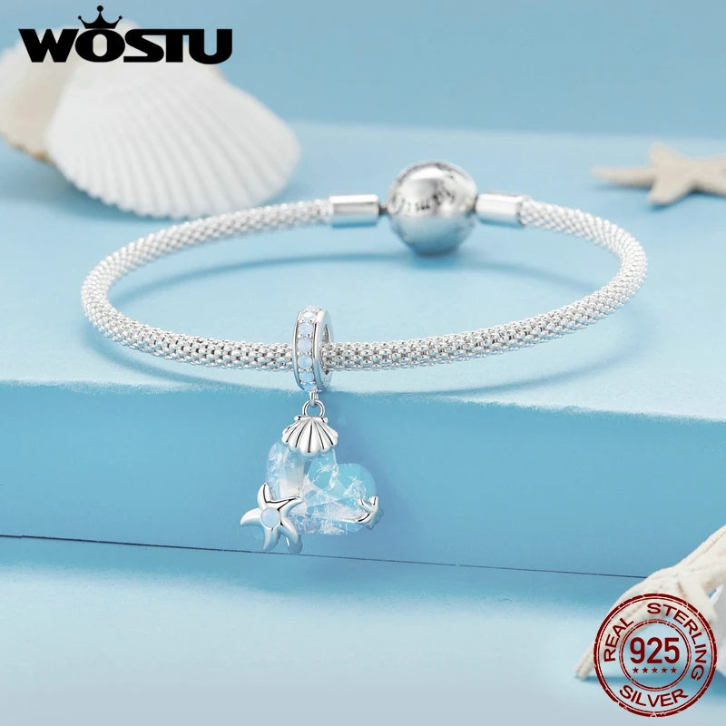 WOSTU 925 Sterling Silver Ocean World Turtle Beads Shell Safety Chain Heart Rainbow Crystal Charms Fit DIY Bracelet Necklace
