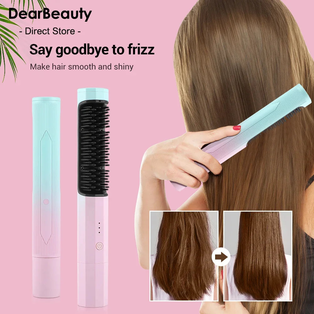 Women Hair Wireless Straightener Curler Straightening Comb Rechargeable Curling Straighten 2in 1 Travel Portable USB Charging