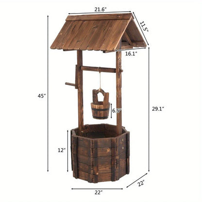 Wooden Wishing Well Planter with Hanging Bucket for Flower and Plants Indoor/Outdoor, Rustic Flower Planter Ornamental