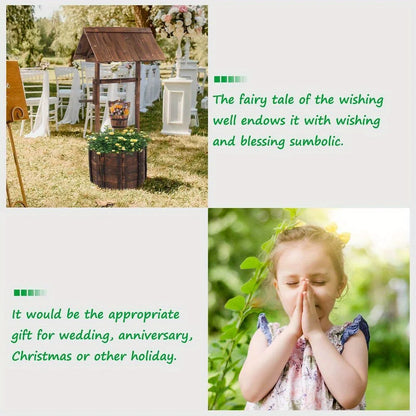 Wooden Wishing Well Planter with Hanging Bucket for Flower and Plants Indoor/Outdoor, Rustic Flower Planter Ornamental