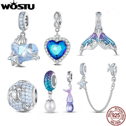 WOSTU 925 Sterling Silver Ocean World Turtle Beads Shell Safety Chain Heart Rainbow Crystal Charms Fit DIY Bracelet Necklace