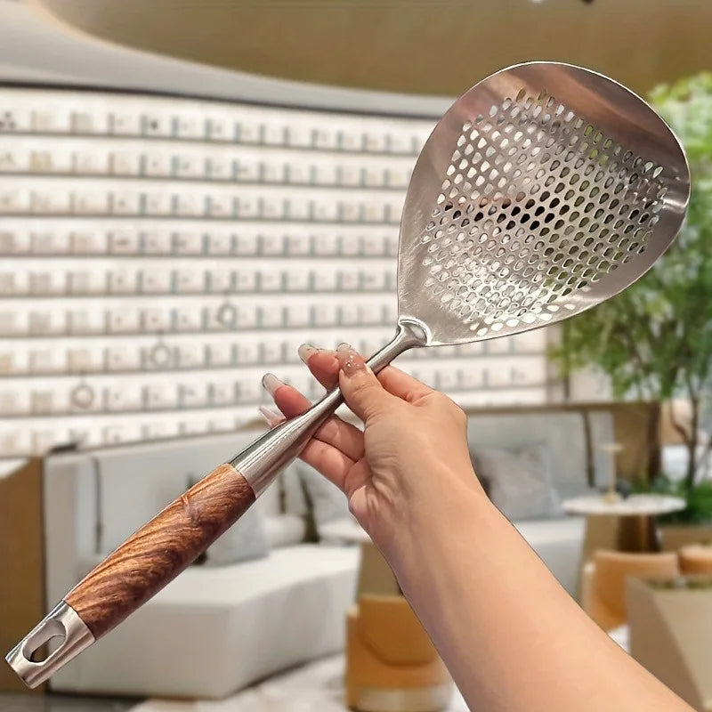 1pc Stainless Steel Colander with Large Hole Spoon, Kitchen Strainer for Frying, Hot Pot, Cooking & Baking Draining