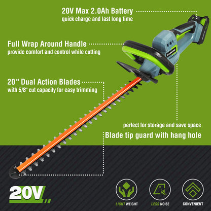 WORKPRO 20V Cordless Hedge Trimmer 20" Dual Action Blades Electric Gardening Trimmer 2.0Ah Battery 1 Hour Quick Charger Include