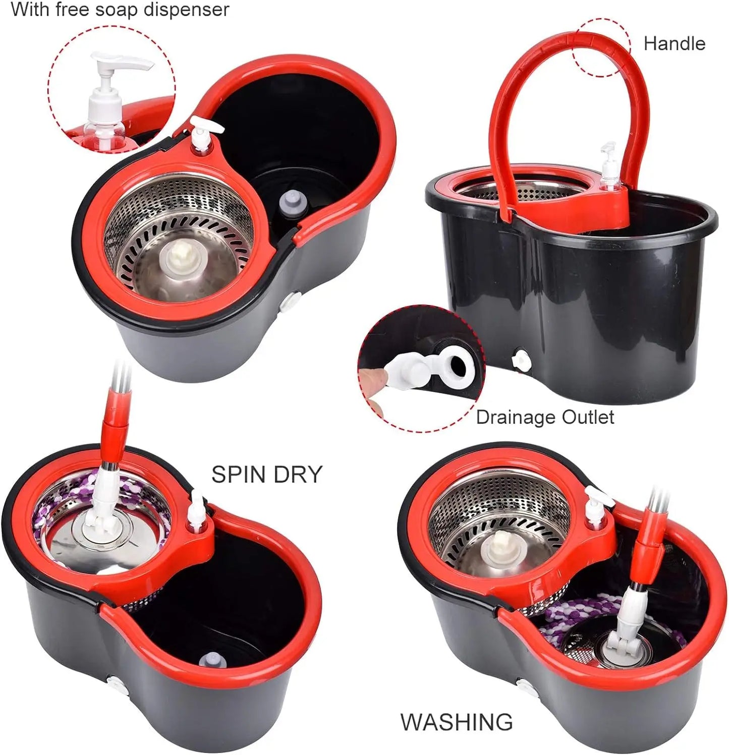 Spin Mop Bucket Sets with 360° Spinning 2 Mop System Tank in 3 Microfiber Replacement Heads, 61" Extended Handle Floor Cleaning