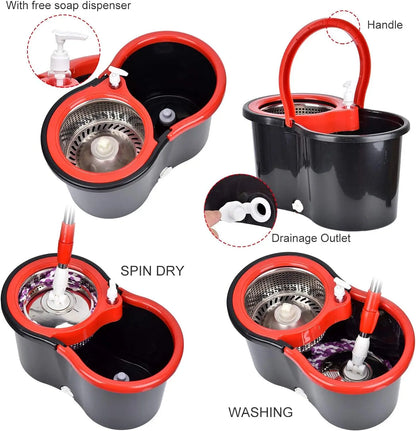 Spin Mop Bucket Sets with 360° Spinning 2 Mop System Tank in 3 Microfiber Replacement Heads, 61" Extended Handle Floor Cleaning