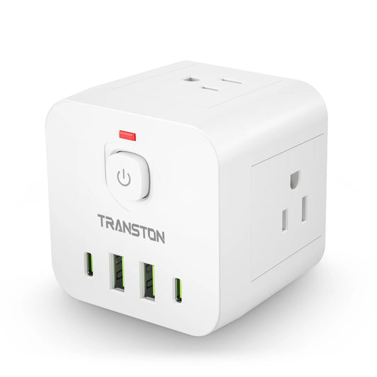 Mini portable cube power socket with surge protector,  4 sockets 2 USB 2 Type-C, suitable for home, travel office, office, white