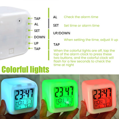 LED Digital Alarm Clock Mini Desk Cube Clock with Colorful Lights and Multiple Modes Multifunctional Glow Desk Clock Battery