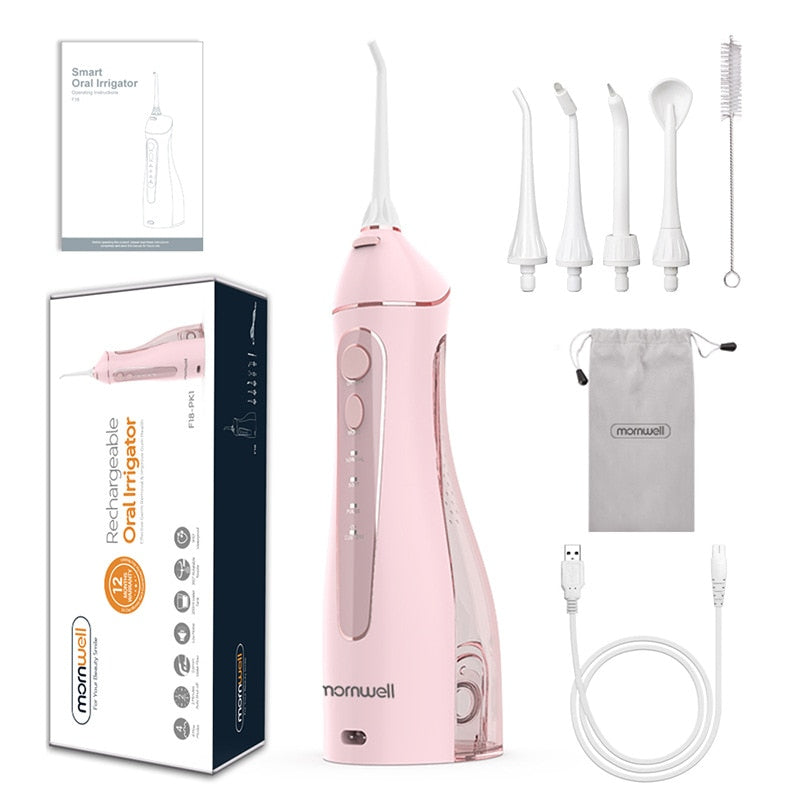 Mornwell Portable Oral Irrigator With Travel Bag Water Flosser USB Rechargeable 5 Nozzles Water Jet 200ml Water Tank Waterproof