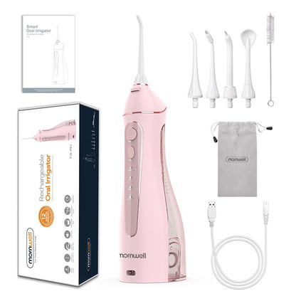 Mornwell Portable Oral Irrigator With Travel Bag Water Flosser USB Rechargeable 5 Nozzles Water Jet 200ml Water Tank Waterproof