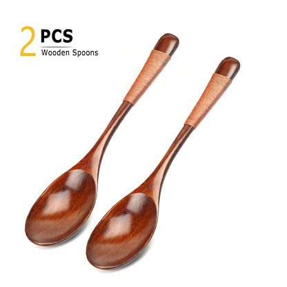 2Pcs Wooden Spoons Japanese Wood Rice Soup Spoon Kitchen Wood Spoon Set for Eating Soup Dessert Teaspoon Kids Spoon Tableware