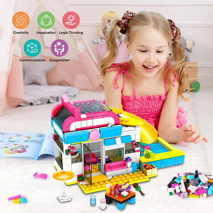 HOGOKIDS 3-in-1 Girls Camper Van Building Set - 494PCS Summer Beach Camping Building Blocks Sets | Food Truck Building Toys with