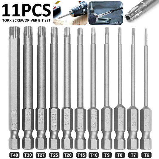 11Pcs Torx Screwdriver Bit Set 1/4 Inch Hex Shank Tough Torx Star Hex Security Bit Set Professional Magnetic Star S2 Steel